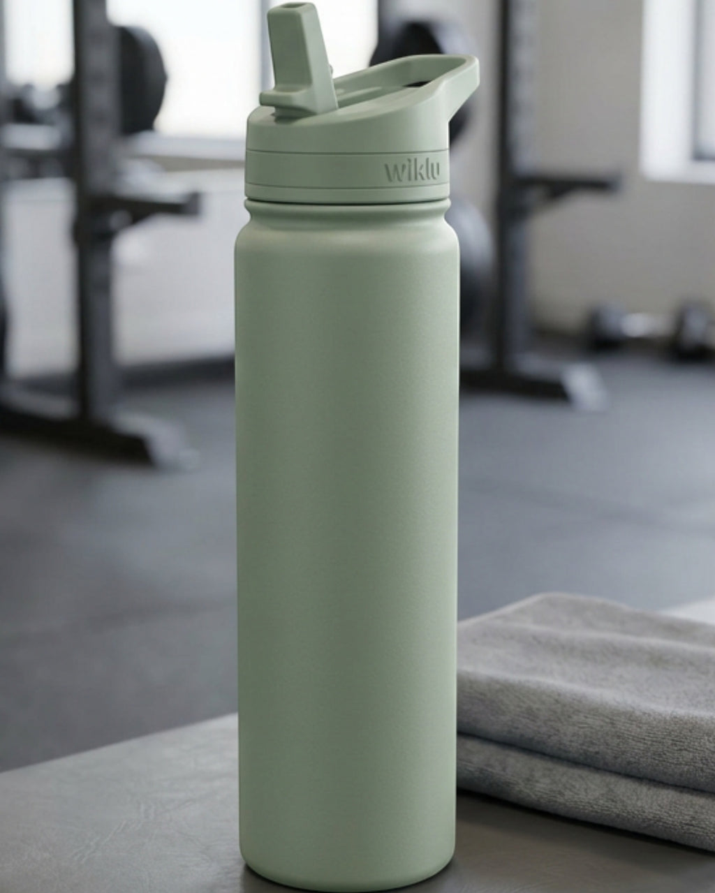 Wiklu Slim Vacuum-Insulated Sports Water Bottle 24 oz Sage Flip-Straw Lid - Lifestyle view